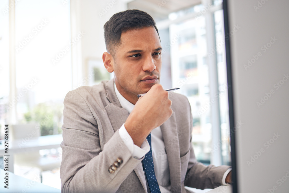 Poster Thinking, business man and planning at computer for research analysis, reading data information and problem solving. Male employee focus at desktop for website solution, decision and choice of ideas