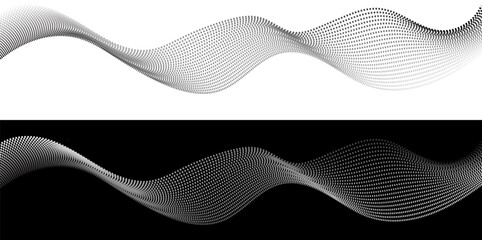 black and white data particle wave on transparent and black background