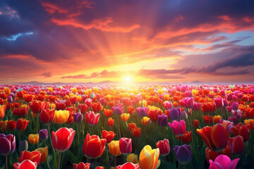 Fototapeta na wymiar field of tulip flowers with a rainbow in the sky