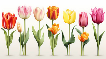 Set Tulip flowers white background