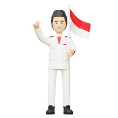 Indonesian man holding indonesia flag celebrating independence day 3d cartoon illustration