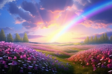 field of vinca flowers with a rainbow in the sky
