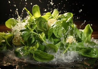 Fresh vegetable salad and food with water splash float on dish with dark studio background. AI Generative