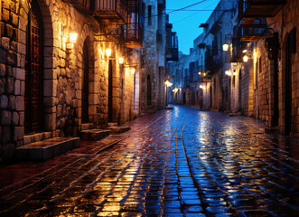 street in the old town at night with lamps light on and wet pebble road ground