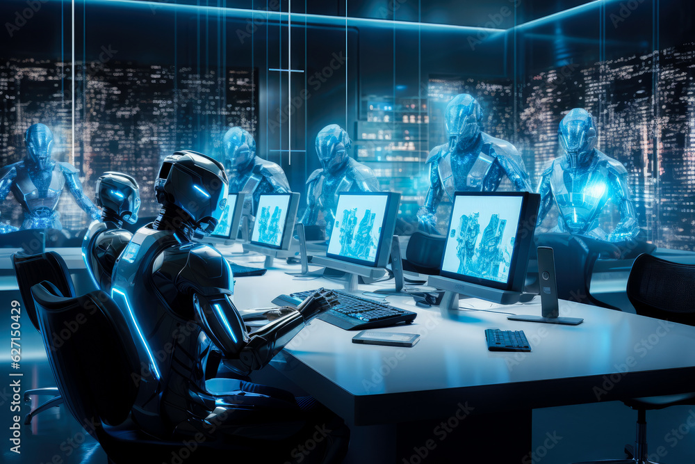 Poster humanoid robot working in modern office with computer on desk. generative ai