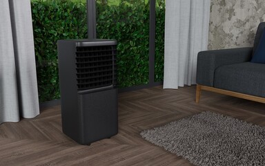 Black portable air conditioner on the wooden floor next to the large window and gray sofa gray curtains 3d render