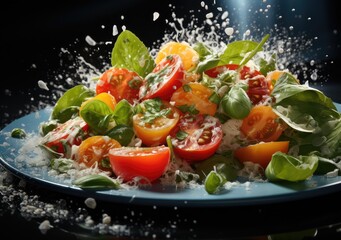 Fototapeta na wymiar Fresh Mix fruits and salad with water splash float on dish with dark studio background. AI Generative