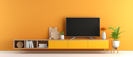 Living room with cabinet for tv on dark yellow color wall background 3d rendering