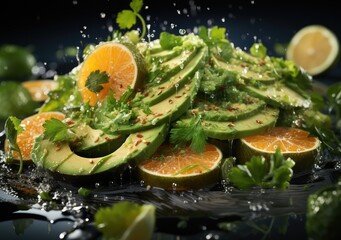 Fresh Mix fruits and salad with water splash float on dish with dark studio background. AI Generative