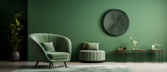 Stylish living green tone room interior of modern apartment and trendy furniture