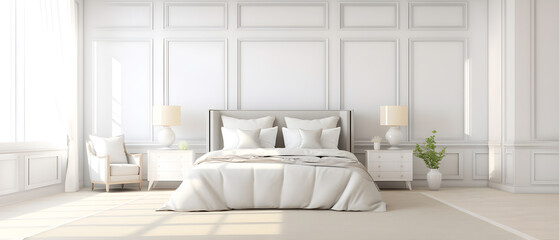 Fototapeta na wymiar White bedroom with decor, classic scandinavian style