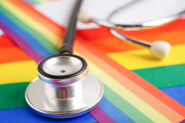 LGBT symbol, Stethoscope with rainbow ribbon, rights and gender equality, LGBT Pride Month in June.