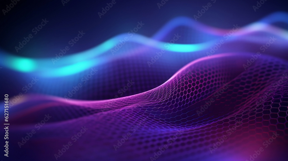 Poster gradient purple and blue color dynamic wavy mesh surface, digital and creativity concept futuristic 