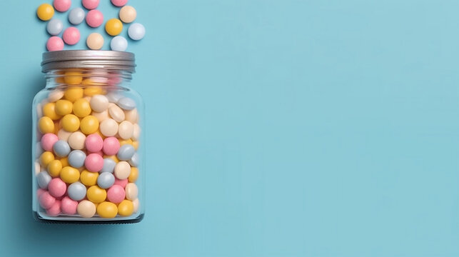 Colorful pills in medicine jar isolated on blue background with copy space, health care concept close up shot image.