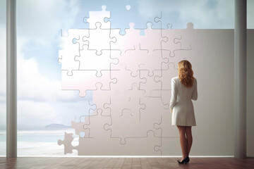 Fototapeta premium Businesswoman watching, big puzzle on wall, Woman looking at big puzzle, AI generated.