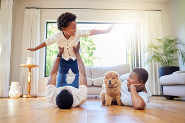 Dad, mother and home playing airplane together with happiness and puppy with smile. House, family...