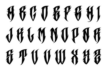 Alphabet in the tattoo gothic style. Trendy letters in Goth style. Illustration isolated on white background. Vector EPS 10