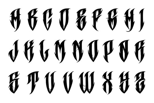 Alphabet in the tattoo gothic style. Trendy letters in Goth style. Illustration isolated on white background. Vector EPS 10