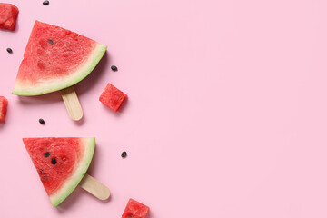 Composition with tasty watermelon sticks on pink background