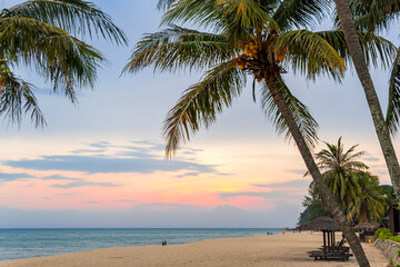 Beautiful tropical beach village, coconut palm tree and sunrise sky. - 627152898