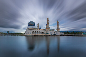 Morning twilight and reflection of Likas mosque or also known as Masjid Bandaraya Kinabalu, Borneo, Sabah, Malaysia - 627153288