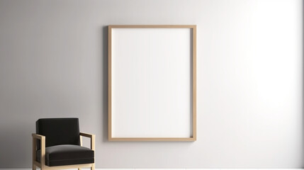 Wooden blank picture frame mockup on white wall. Copy space. Living room design. Home staging and minimalism concept. Generative AI 