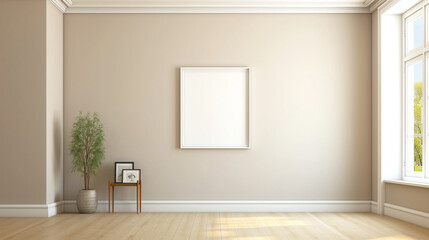 Blank picture frame mockup on beige wall. Copy space. Living room design. Home staging and minimalism concept. Generative AI 