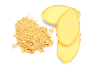 Slices of fresh ginger root and dried powder on white background