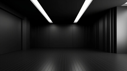 Interior modern classic empty room with black walls and floor. Minimalist design. Generative AI	