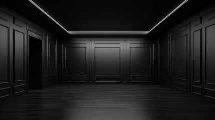 Interior modern classic empty room with black walls and floor. Minimalist design. Generative AI	