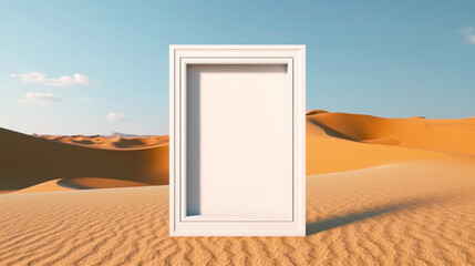 White blank picture frame mockup on desert background. Abstract wallpaper. Copy space. Generative AI