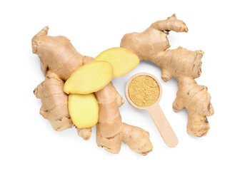 Fresh ginger roots and wooden spoon with dried powder on white background
