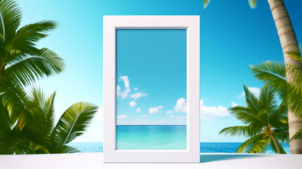 White blank picture frame mockup on  tropical  background with beach. Copy space. Generative AI