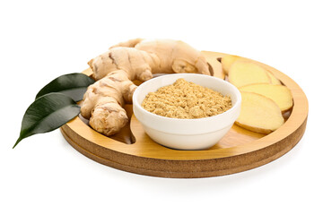 Wooden board with fresh ginger root and bowl of dried powder on white background