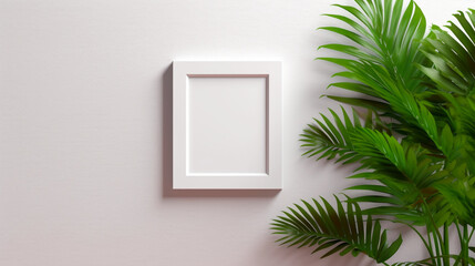 Blank picture frame mockup on white wall with tropical leaves. Copy space. Living room design. Generative AI 