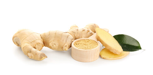 Fototapeta na wymiar Fresh ginger root and wooden spoon with dried powder on white background