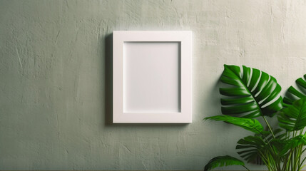 Blank picture frame mockup on gray pastel wall with tropical leaves. Copy space. Living room design. Generative AI 