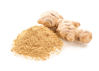Fresh ginger root and dried powder on white background