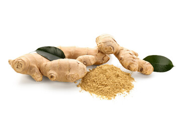 Fresh ginger roots and dried powder on white background © Pixel-Shot