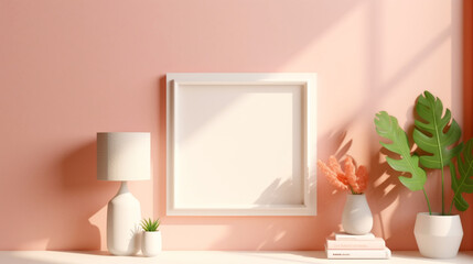 Obraz na płótnie Canvas Blank picture frame mockup on pink pastel wall. Copy space. Living room design. Home staging and minimalism concept. Generative AI 