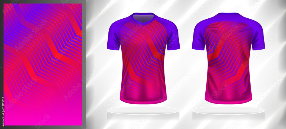 Wall mural Vector sport pattern design template for V-neck T-shirt front and back with short sleeve view mockup. Purple-pink color gradient abstract geometric line texture background illustration. - Wall murals