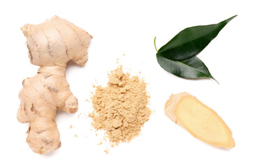 Fresh ginger root and dried powder on white background
