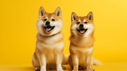 Two smiling Shiba Inus sitting together on yellow backdrop background