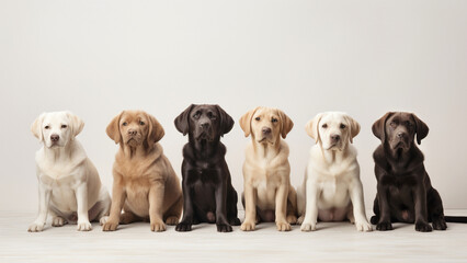 Group of Labrador Retriever puppies sitting together on white backdrop background