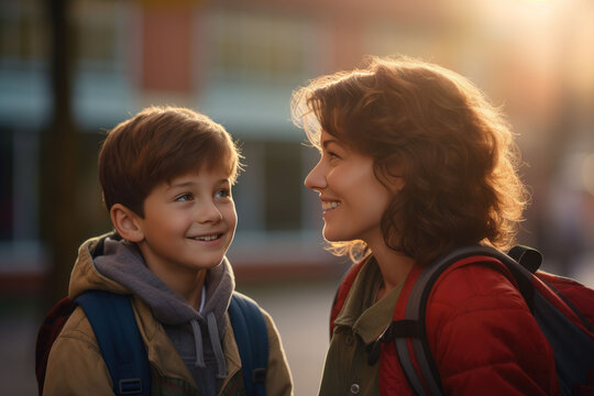 Cheerful Mother And Son Before Go To School In The Morning