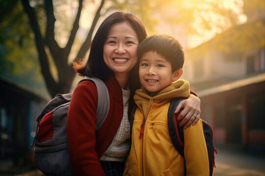 Asian Mother And Son Smiling Happily Before Going To School In The Morning.