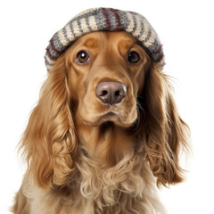 A Cocker Spaniel (Canis lupus familiaris) wearing a fluffy winter scarf and earmuffs.