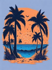 Illustration of a beautifully painted sunset with majestic palm trees created with Generative AI technology