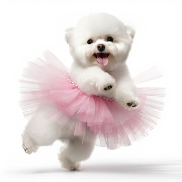 A Bichon Frise (Canis lupus familiaris) in a ballerina outfit, spinning on one leg.