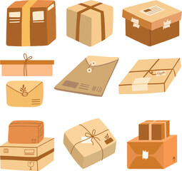 Set Collection Carton cardboard box delivery package shipping Illustration vector
